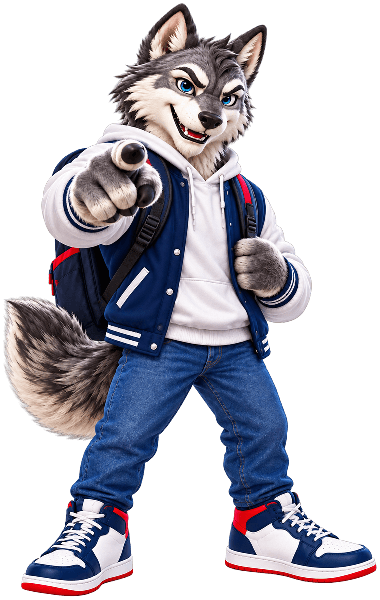 Mascota de UVEP: un lobo con chamarra universitaria que te señala